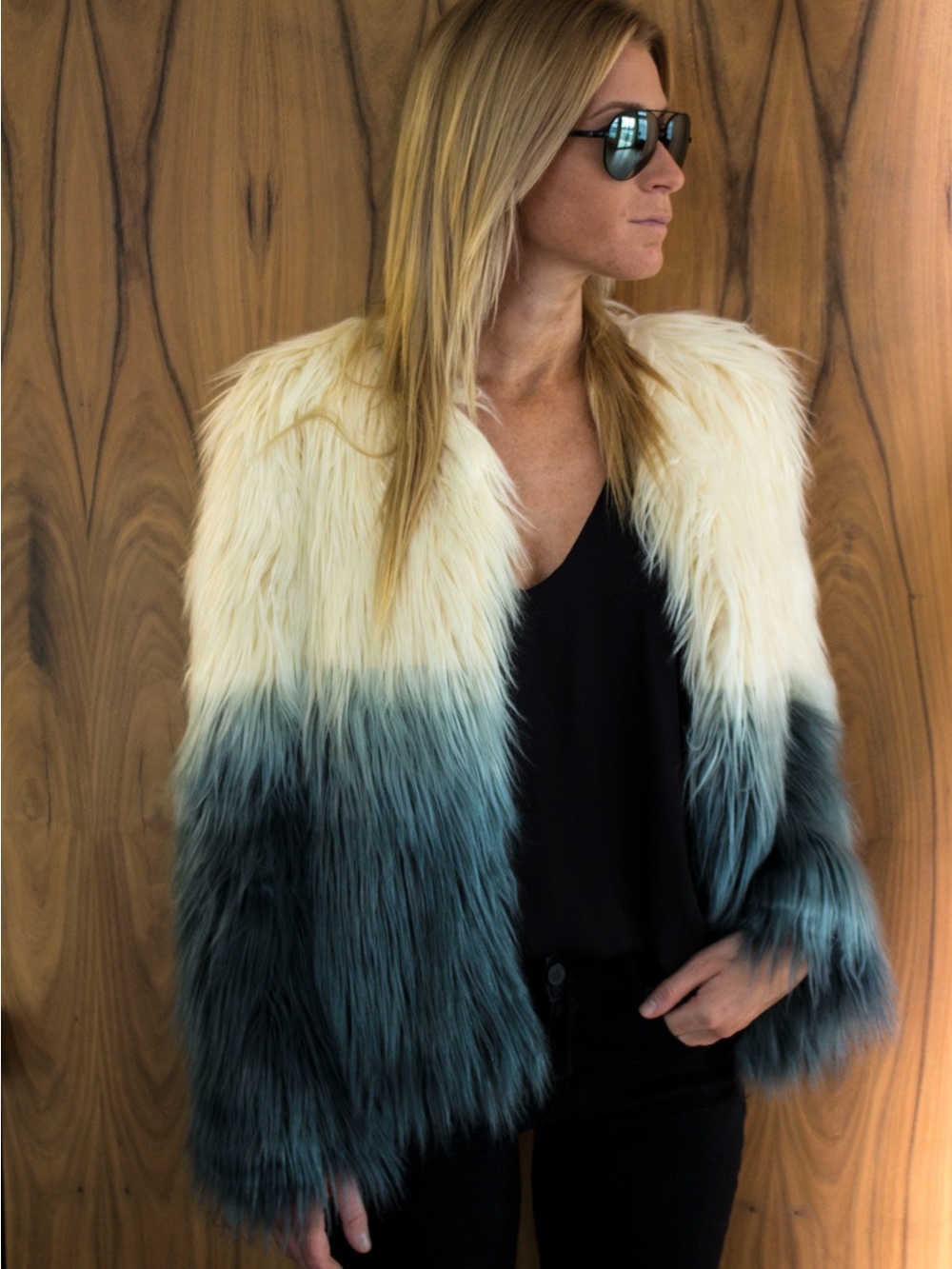 Hayden LA Faux Fur Jacket With Gradient Ombre Grey Cream Colors M/L